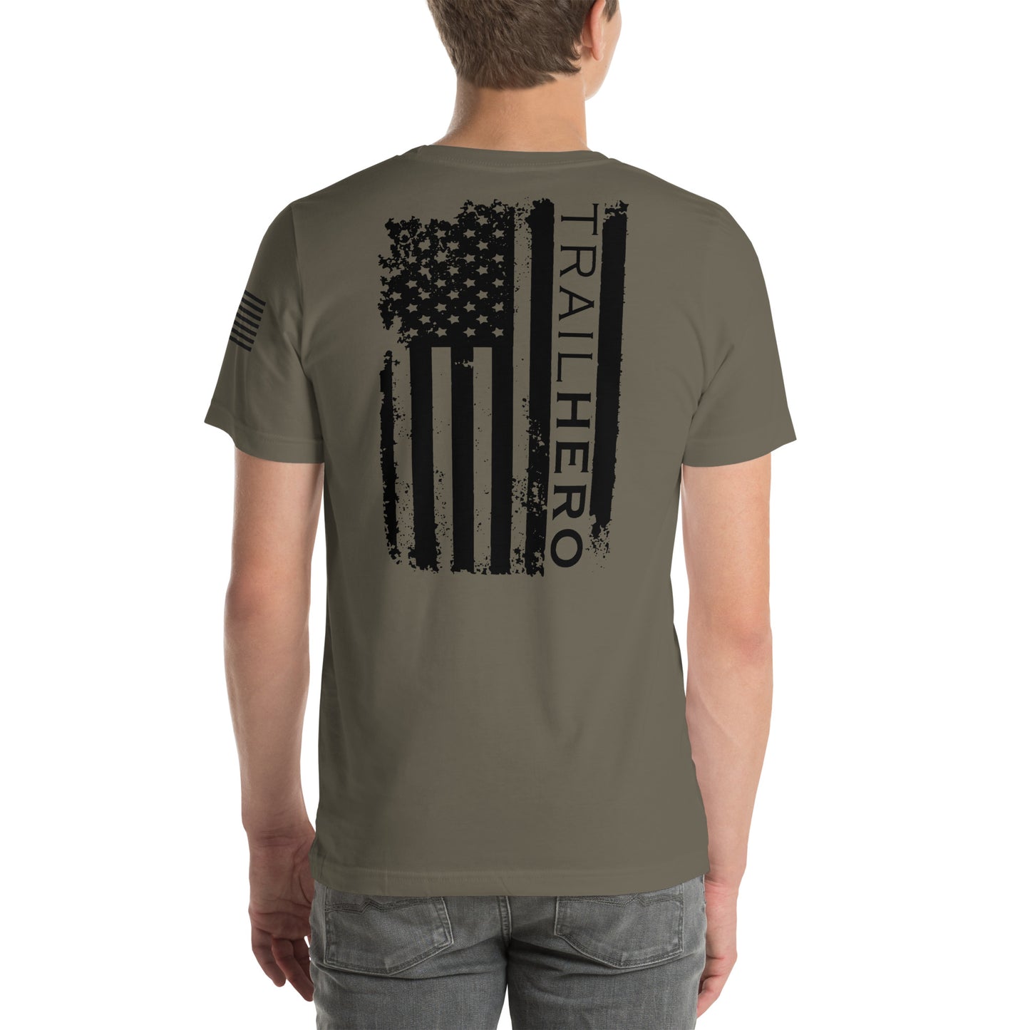 Trail Hero - Unisex - Bella 100% Cotton Black Logo Flag Tshirt - Army Green