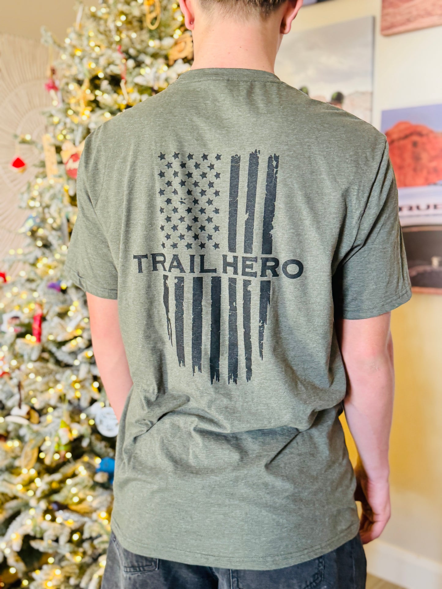 Trail Hero - Next Level Style - Military Green T-Shirt Mtn Horiz Logo / Flag Back (WAS $30 - SAVE $10)
