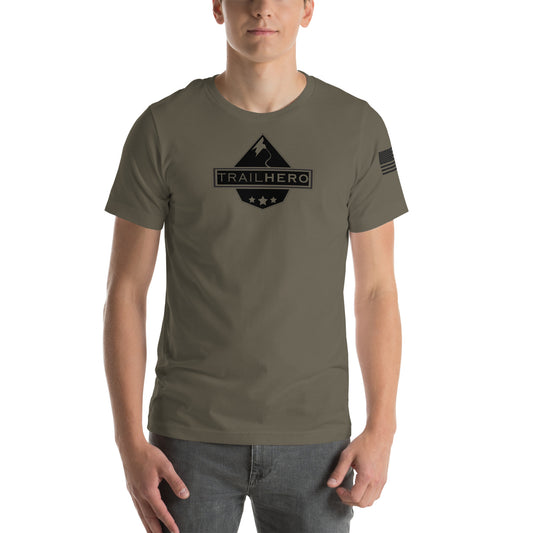 Trail Hero - Unisex - Bella 100% Cotton Black Logo Flag Tshirt - Army Green